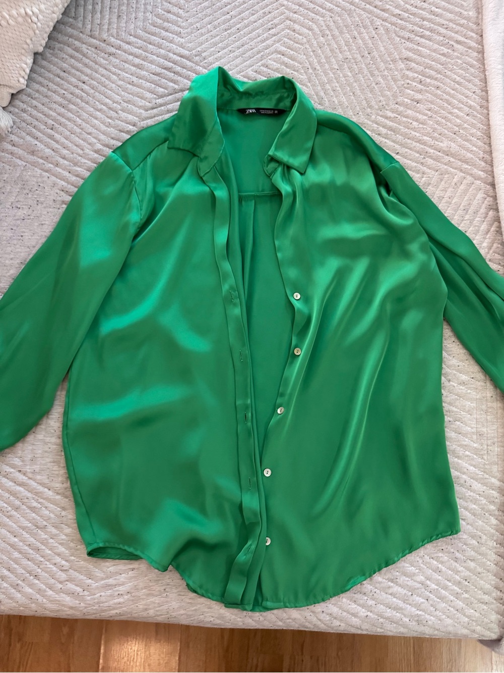 Zara Emerald Green Satin Button-Down Shirt